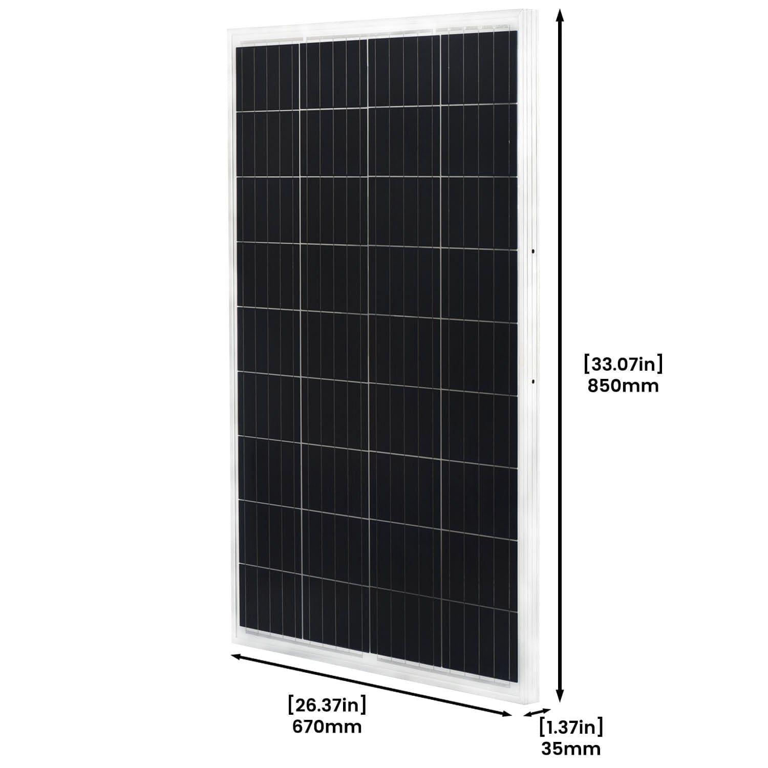 A Nature's Generator rectangular solar panel with a white frame stands upright—perfect for off-grid power or home battery backup. Dimensions: height 33.07" (850 mm), width 26.37" (670 mm), thickness 1.37" (35 mm).