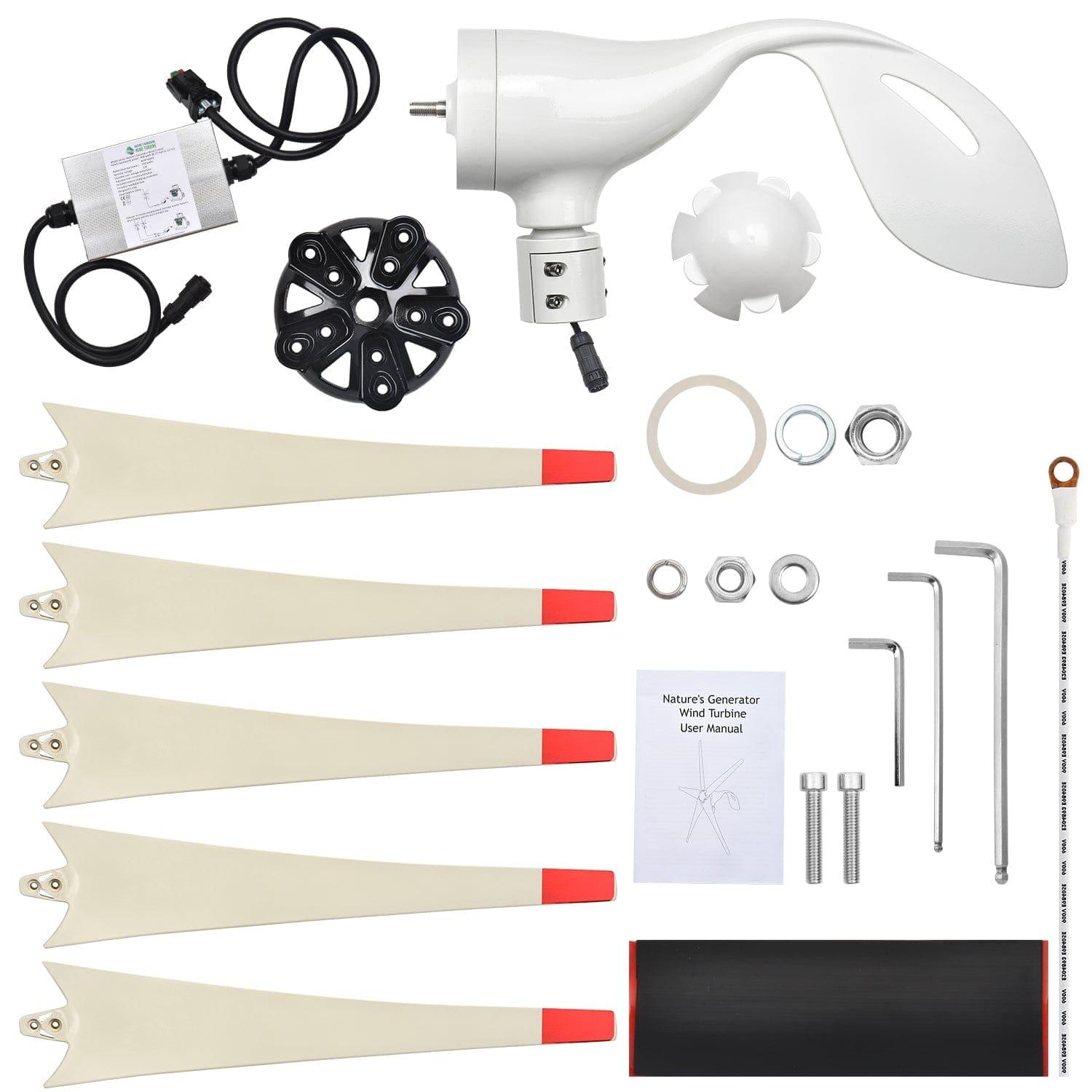 Nature's Generator wind turbine kit includes four blades, a generator body, control box with cables, mounting hardware, wrenches, manual, and accessories—perfect for off-grid setups or use with a home battery backup system.
