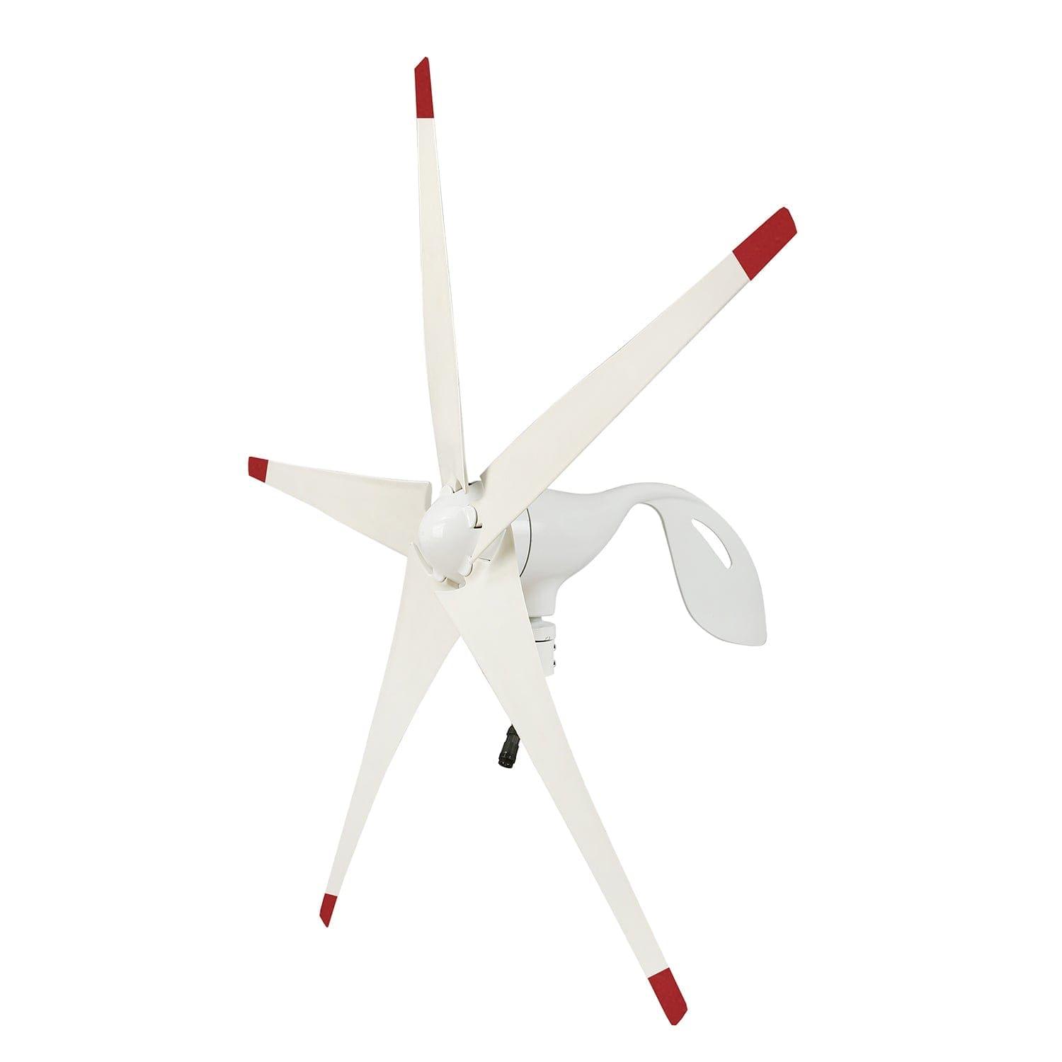 A white Nature's Generator wind turbine with five long blades featuring red tips is shown against a plain white background. Its central hub connects to a curved, aerodynamic tail vane, making it ideal for off-grid setups.