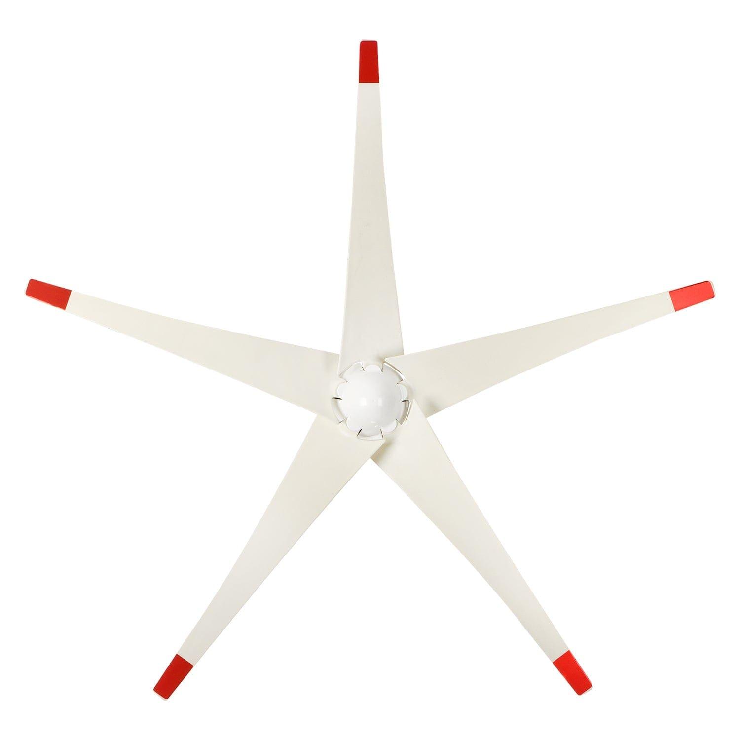 A five-blade ceiling fan by Nature's Generator, viewed from below, features white blades with red tips and a circular white hub for a modern touch—perfect for homes with solar generators or off-grid power. Plain white background.