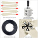 Four labeled images display Nature’s Generator wind turbine parts: reinforced nylon fiber blades, a three-phase AC permanent magnet synchronous generator for off-grid use, a 100-foot coiled turbine cable, and a stainless steel flange with bolts.