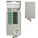 Nature’s Generator gray electrical transfer switch panel features six green switches (labeled 1–6), black relays, a circular power outlet, and an open cover with instructions—perfect as a solar generator or home battery backup accessory. Detached cover shown right.
