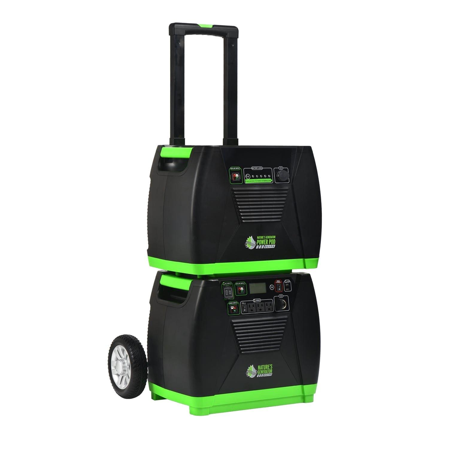Two stacked Nature's Generator black and green portable power stations with wheels and a telescoping handle, featuring control panels, outlets, and indicator lights—ideal for off-grid setups or as a reliable home battery backup.