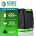 A black and green Nature's Generator Power Pod is shown with text highlighting increased battery storage, an extra 300W solar input, and compatibility with Nature's Generator Elite models.