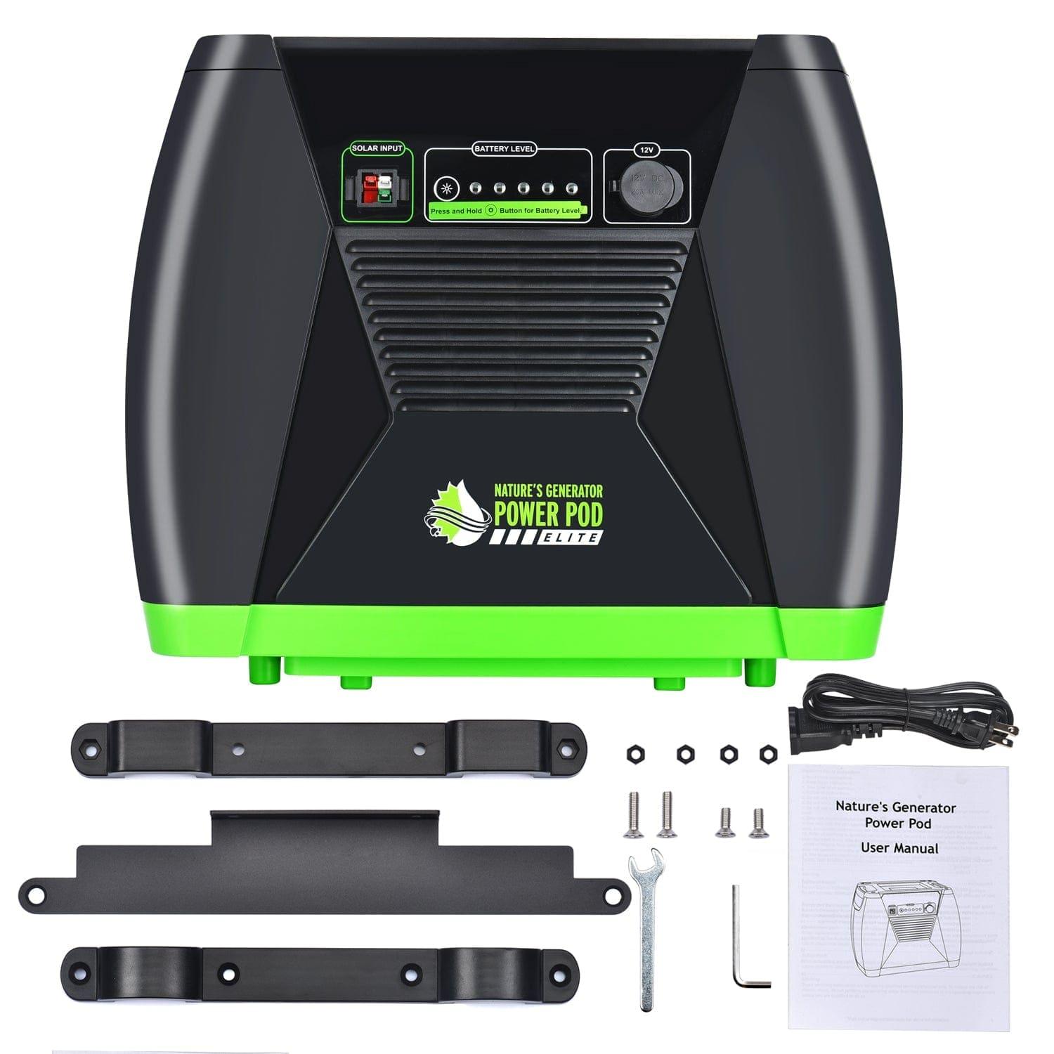 A black and green Nature's Generator Power Pod Elite is displayed above installation brackets, screws, a power cable, a wrench, and a user manual on a white background.
