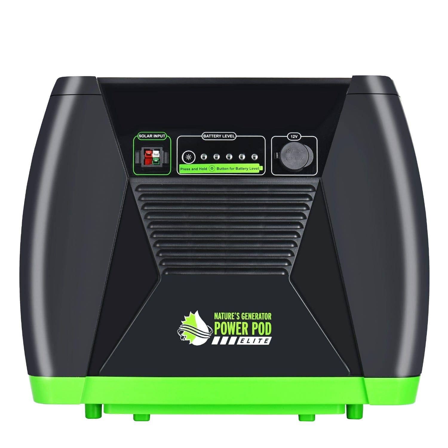 Front view of a Nature's Generator Power Pod Elite shows its black and green design with a power switch, battery level indicator, solar input, and Nature's Generator branding logo, all on a white background.