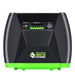 Front view of a Nature's Generator Power Pod Elite shows its black and green design with a power switch, battery level indicator, solar input, and Nature's Generator branding logo, all on a white background.