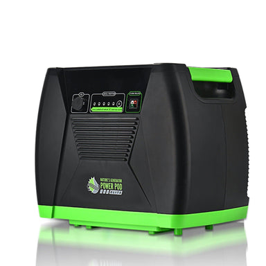 The Nature's Generator Power Pod is a black and green portable power generator with side handle, control buttons, indicator lights, front branding, and solar input for versatile charging.