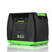 The Nature's Generator Power Pod is a black and green portable power generator with side handle, control buttons, indicator lights, front branding, and solar input for versatile charging.