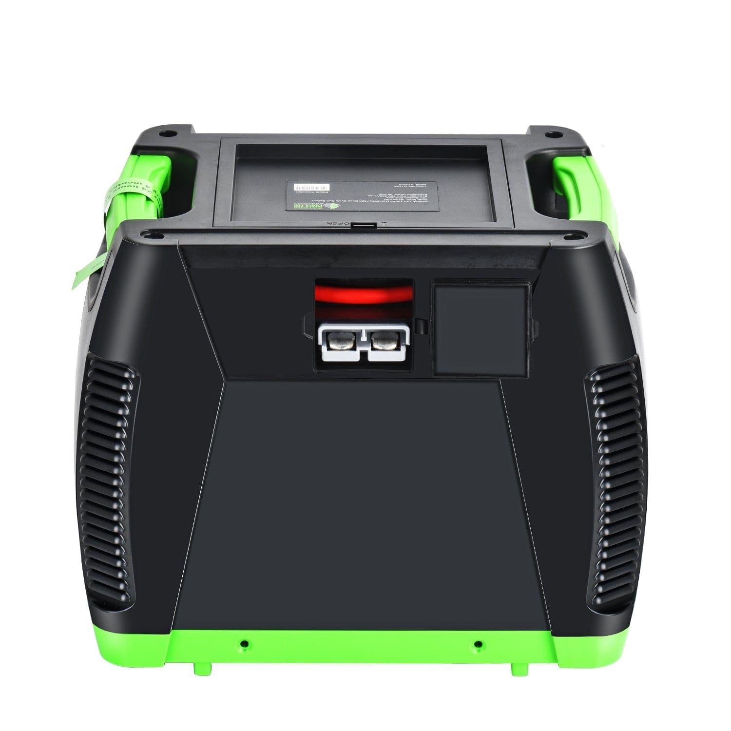 The Nature's Generator portable power station features a black and green design, a top handle, vented sides, and multiple front panel ports for solar input, shown from the front view.