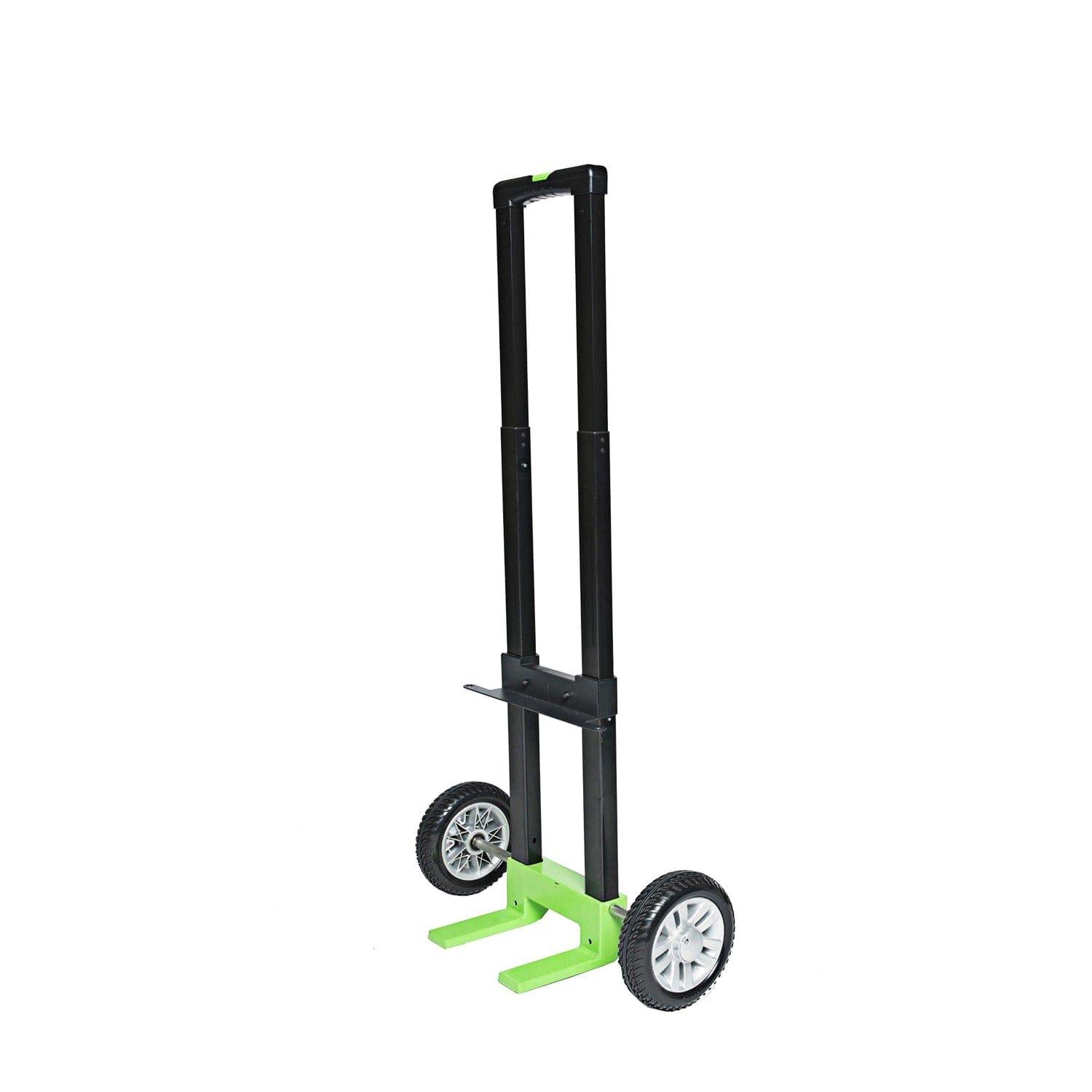 The Nature's Generator black and green heavy duty cart features two large wheels and an extendable handle—perfect as a utility cart for the Nature’s Generator 1800.
