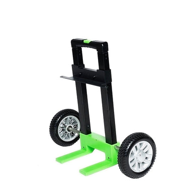 The Nature's Generator utility cart features a black frame and handle, green base and fork, two large plastic wheels, and an extendable handle—ideal for transporting heavy items in tough conditions.