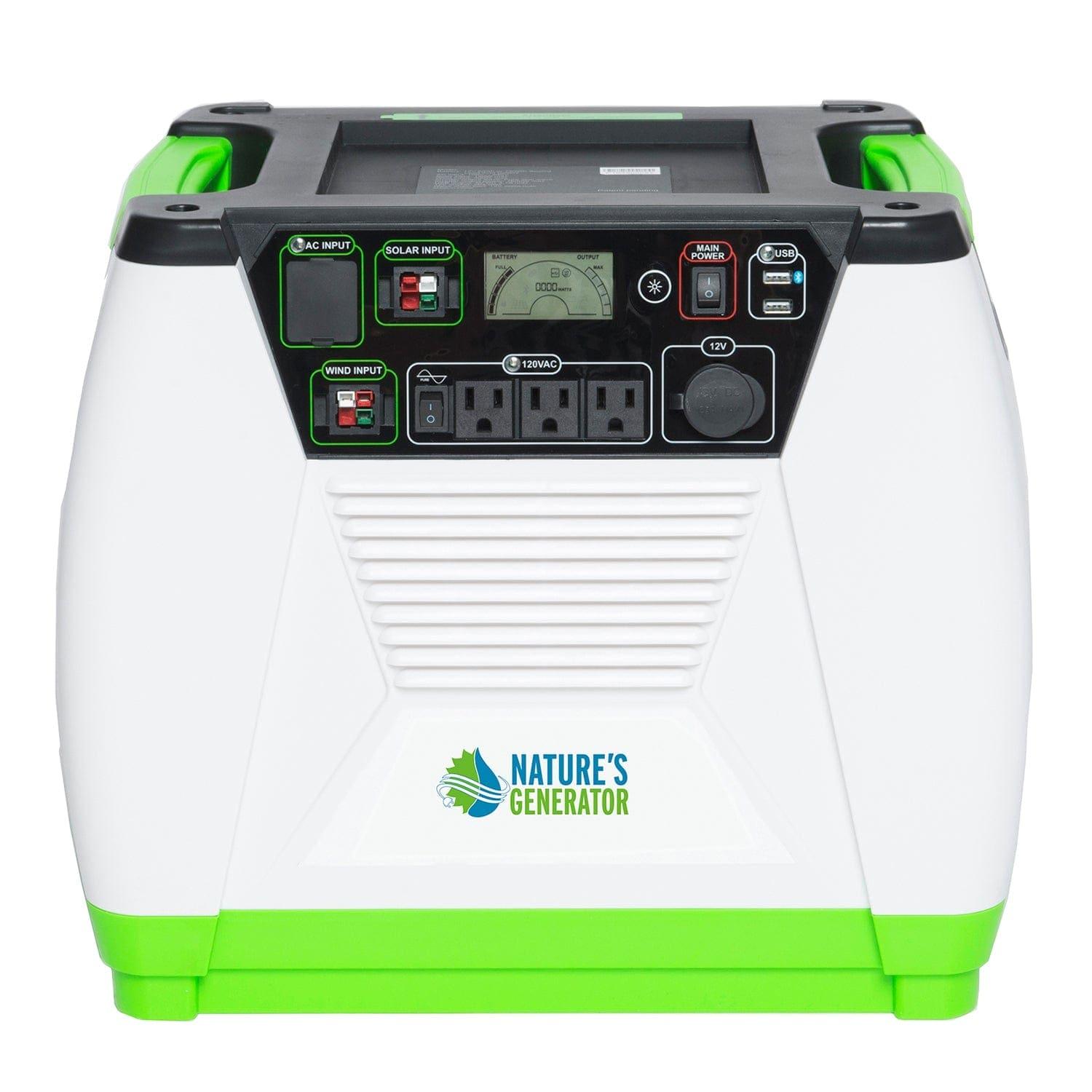Front view of a Nature's Generator solar generator displays the control panel with various outlets, input ports, indicator lights, and the Nature's Generator logo on green and white casing—perfect for off-grid and renewable energy use.