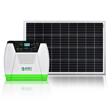 The Nature's Generator portable solar generator features a digital display and multiple outlets, shown beside its large rectangular solar panel—both designed for off-grid use and displayed against a white background.