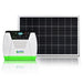 The Nature's Generator portable solar generator features a digital display and multiple outlets, shown beside its large rectangular solar panel—both designed for off-grid use and displayed against a white background.