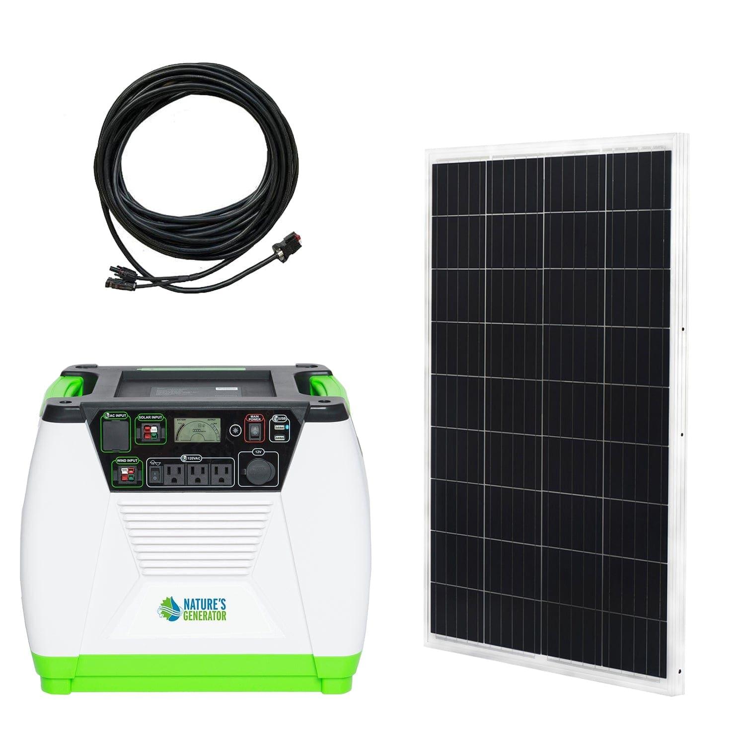 The Nature's Generator solar generator kit includes a white and green portable power station, a rectangular solar panel, and a long black cable—perfect for off-grid adventures and renewable energy on the go.