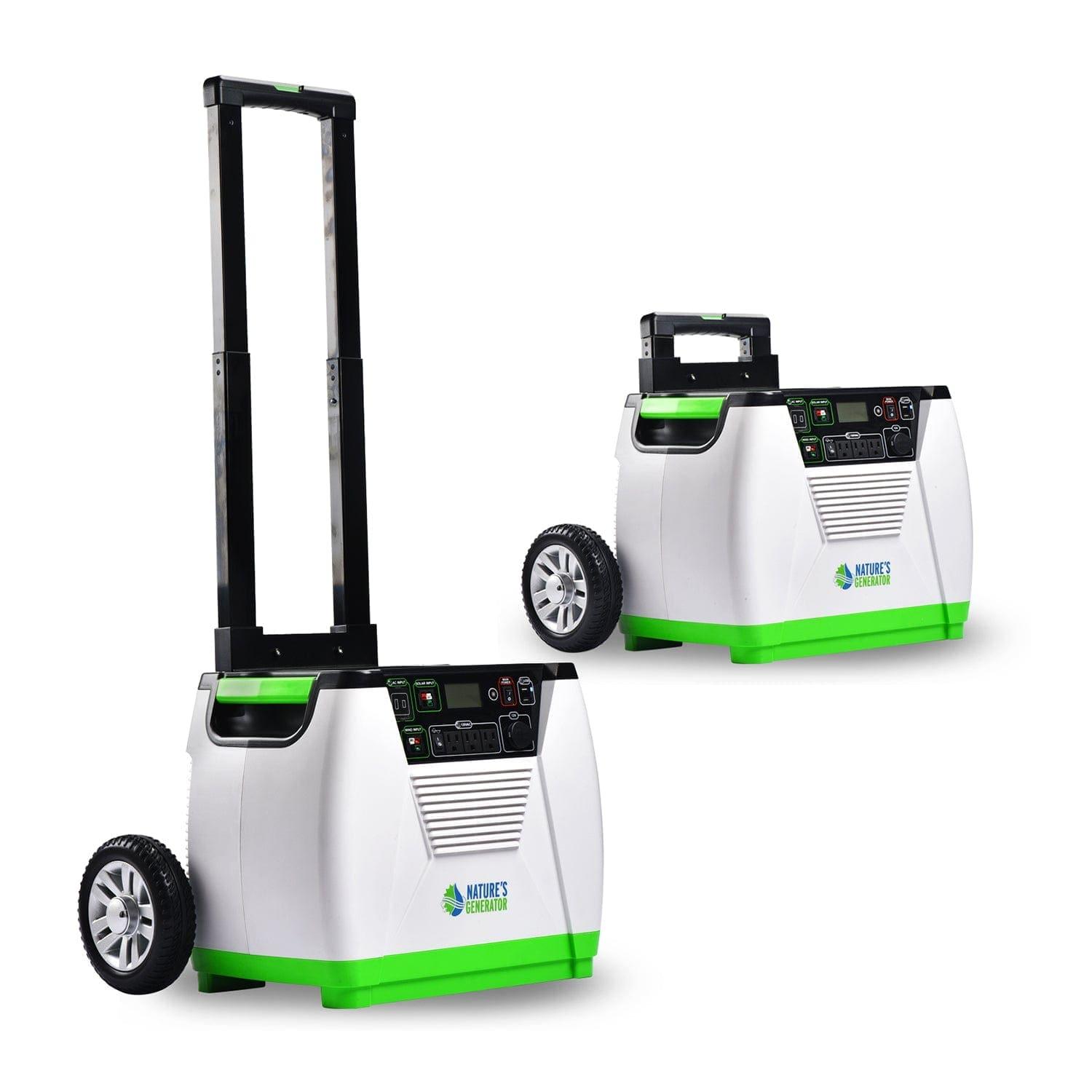 Two Nature's Generator white and green portable power stations with wheels and handles are shown—one with its telescoping handle extended. Both display controls and branding, ideal as a home battery backup or 1800 watt solar generator.
