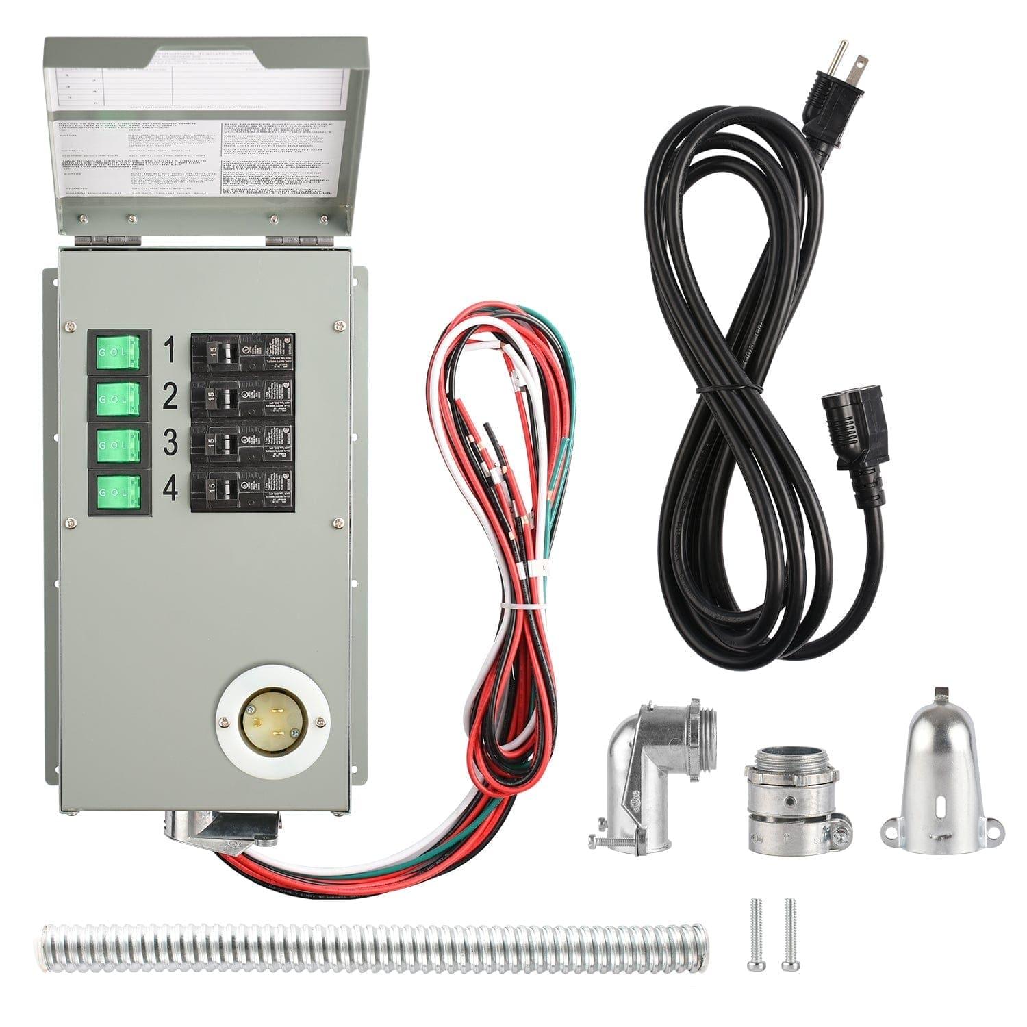 The Nature's Generator transfer switch kit for 1800-watt solar generators features a gray metal switch box, wiring harness, power cord with plug, connectors, conduit, and hardware—neatly arranged on a white background.