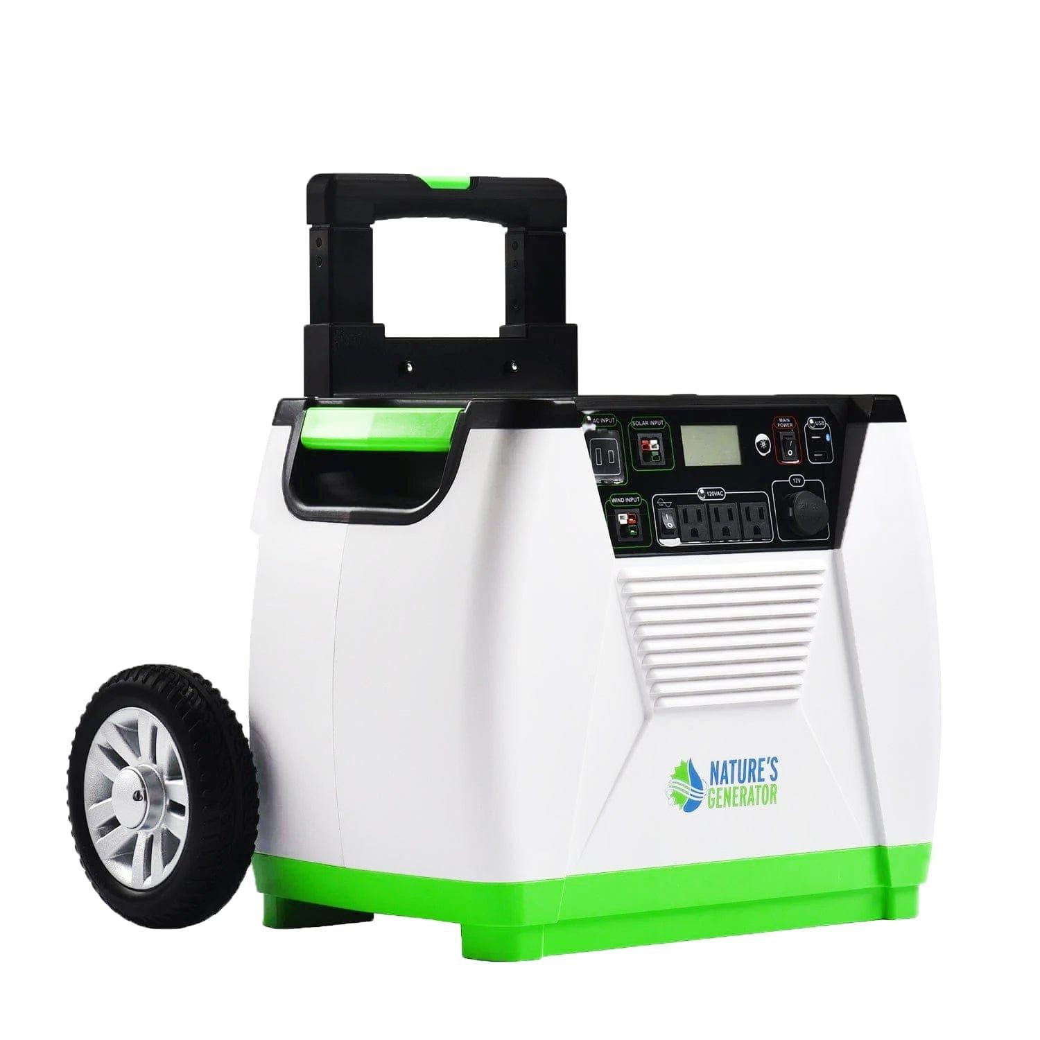 Nature's Generator’s white and green portable solar generator features large wheels, a handle, multiple front control switches and outlets, and provides 1800W home battery backup.