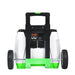 Nature's Generator portable power station features two wheels, a handle, and front charging ports. The white device with black and green accents is ideal as a home battery backup or 1800 watt solar generator.