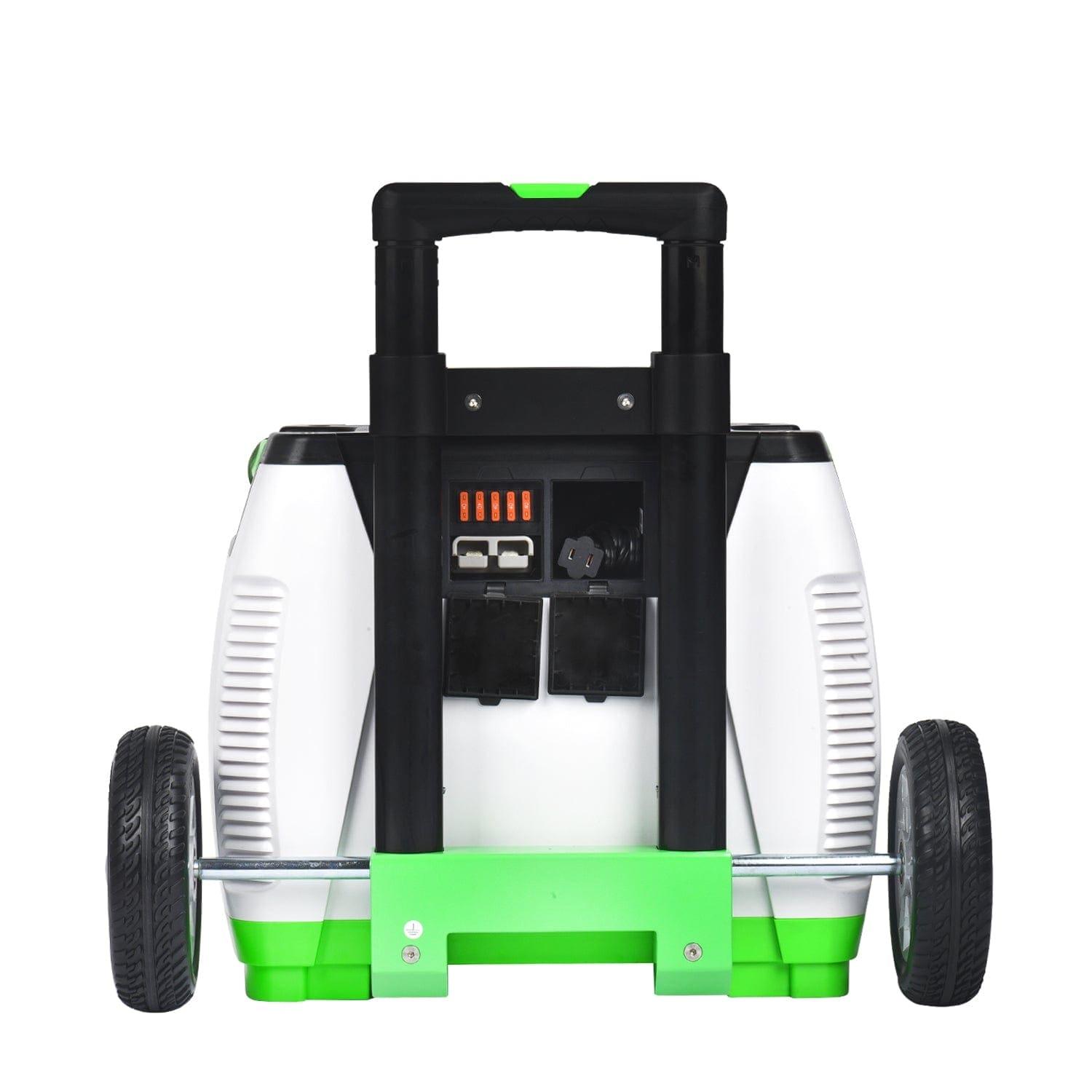 The Nature's Generator is a portable 1800-watt solar generator with two large black wheels, a green base, black handle, and visible charging ports and indicators on the front—a white and black eco-friendly backup power solution.