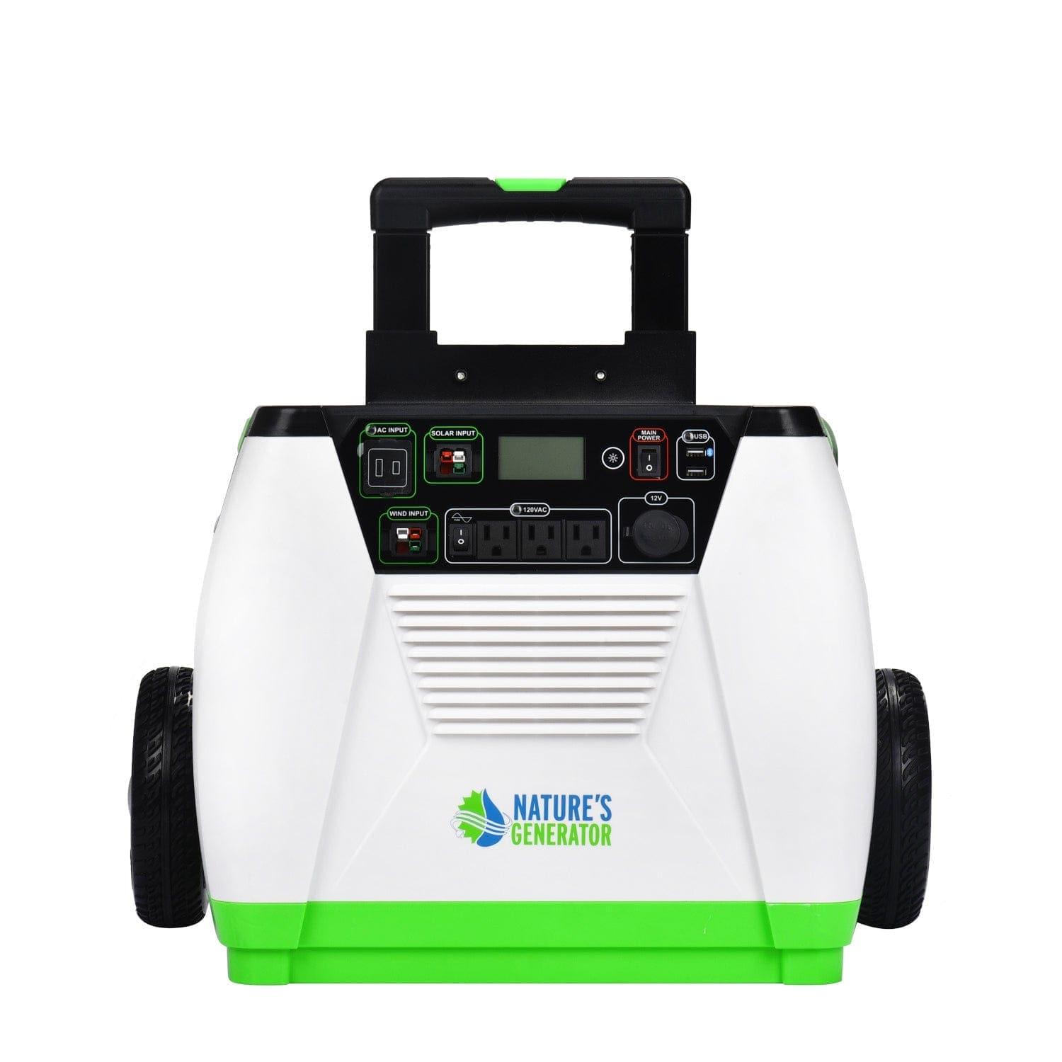 The Nature's Generator is a portable white and green 1800W solar generator with a handle, two wheels, buttons, LCD display, multiple outlets, and "Nature's Generator" logo—an eco-friendly backup power solution for your home.