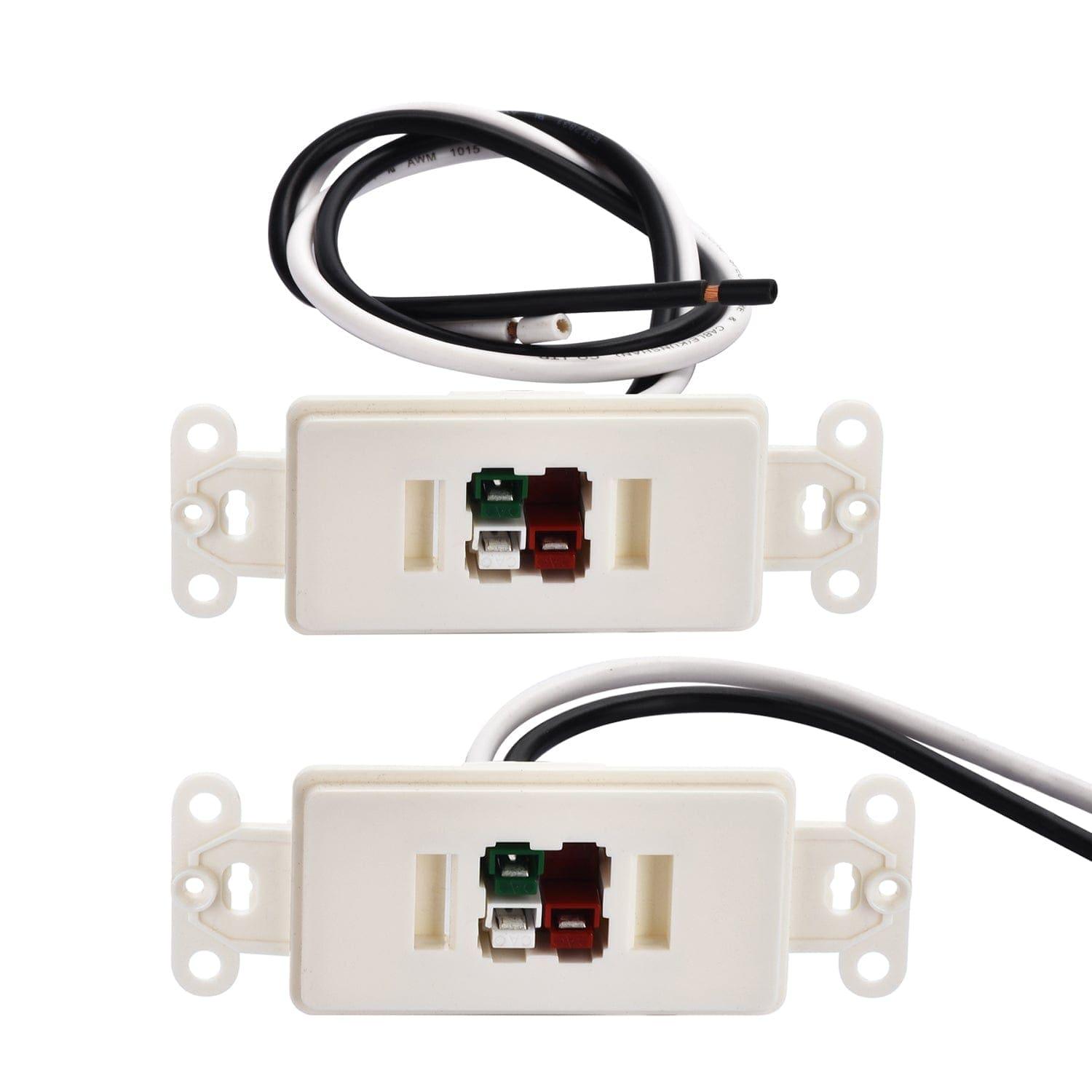 Two white Nature's Generator wall plates with colored wire connectors and attached black and white wires are shown. Ideal for indoor generator or solar kit installation. Mounting flanges included.