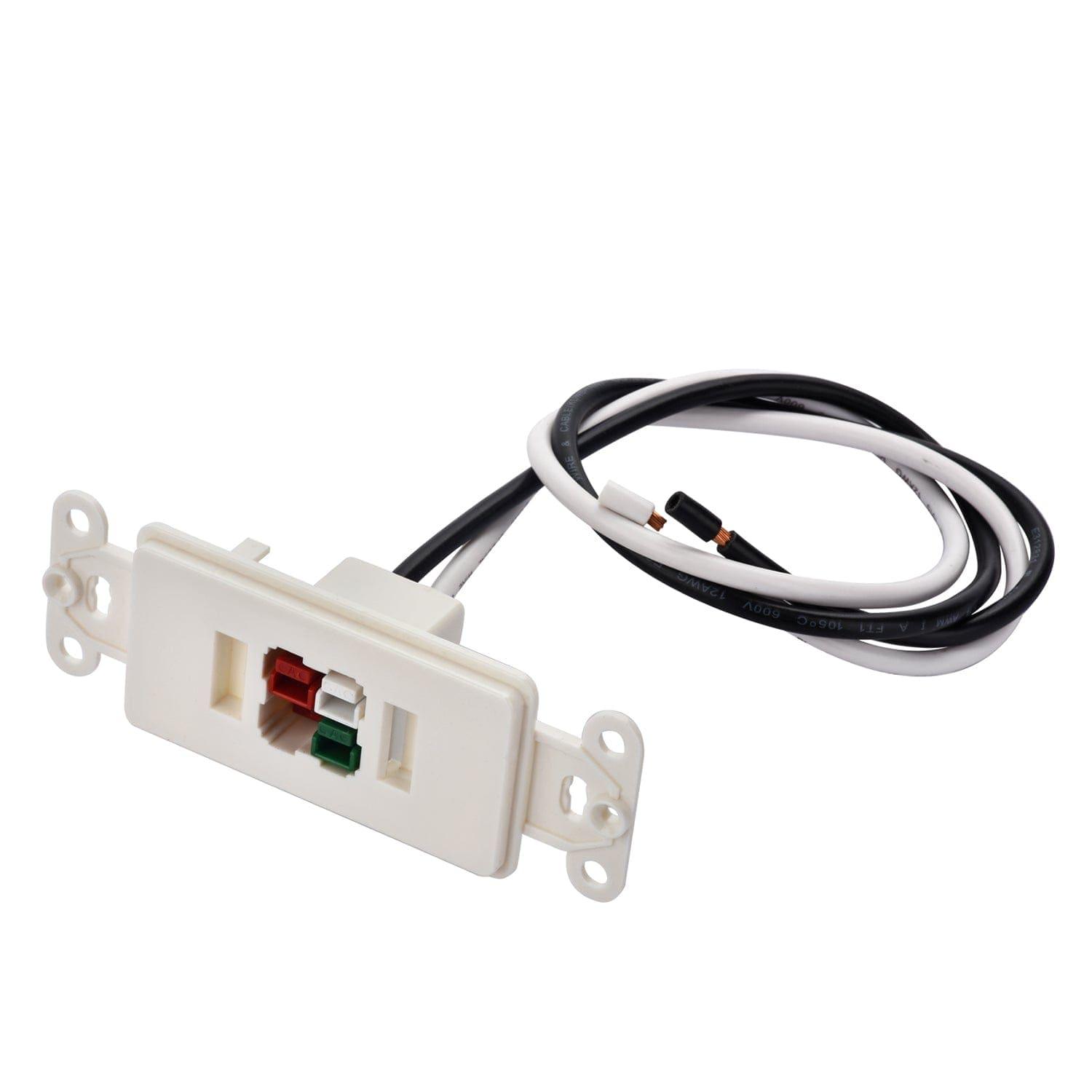 A Nature's Generator white rectangular electrical wall plate with red, green, and white connectors—perfect for indoor generator setups—comes attached to black and white wires with exposed ends, displayed on a plain white background.