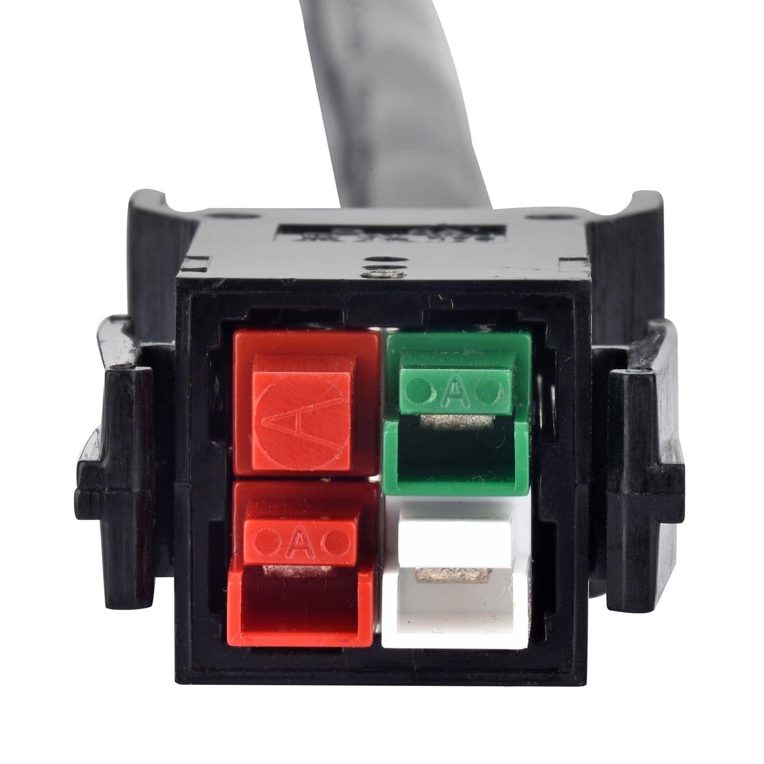 Close-up of a black Nature's Generator electrical connector with four terminals—two red, one green, and one white—plus a rear cable. Perfect for solar panel connection kit setups or the Nature's Generator Home Kit.