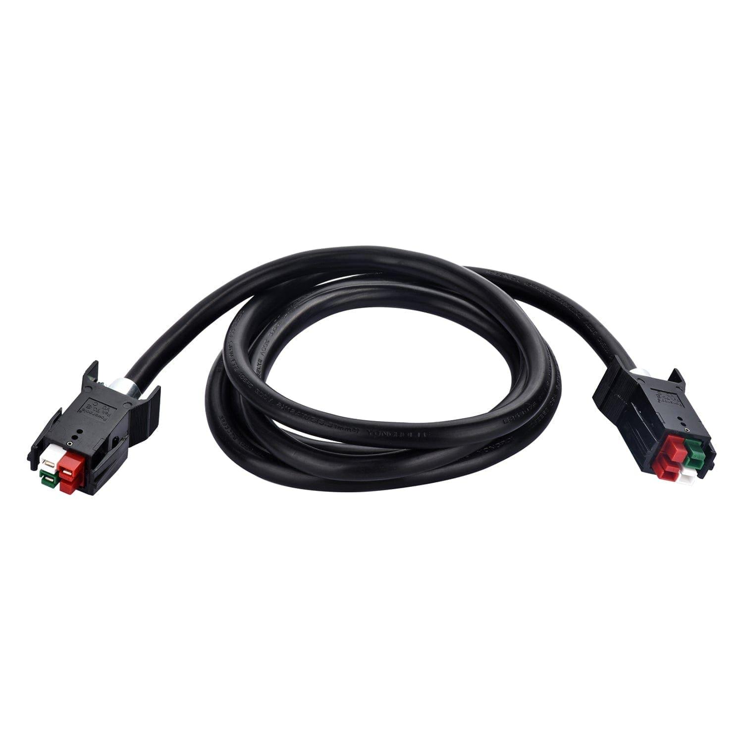 A black Nature's Generator electrical cable with two connectors at each end, featuring red and green plastic tabs—ideal for Home Kit or solar panel connections. The cable is coiled in a loose loop on a white background.