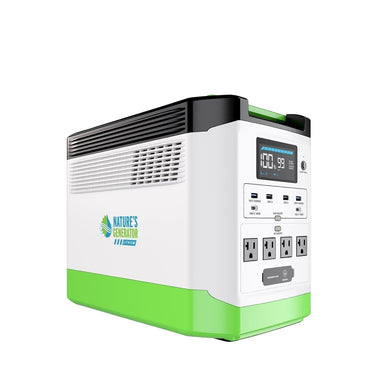The Nature’s Generator portable power station features a white and green design, digital display, USB ports, and standard outlets—perfect for home battery backup.