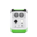 The Nature's Generator portable power station has a white and green body, LiFePO4 battery, two circular vents, black power port, round LED light, and multiple labeled buttons and ports on the front panel.