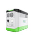 Nature's Generator portable power station features a rectangular design in white, black, and green with front outlets, buttons, and indicator lights. The side displays the Nature's Generator logo—perfect for home battery backup.