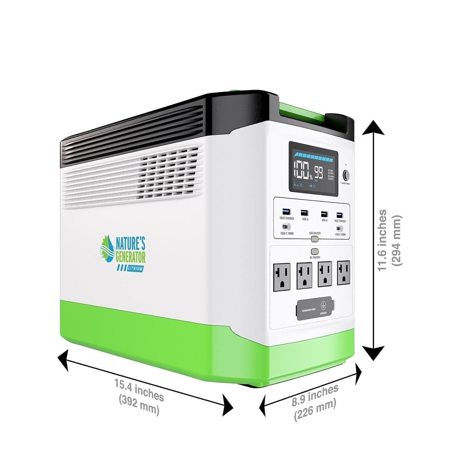 The Nature's Generator portable power station, in white and green, features a LiFePO4 battery, digital display, buttons, and multiple outlets on the front panel. Dimensions: 15.4" W x 8.9" D x 11.6" H.