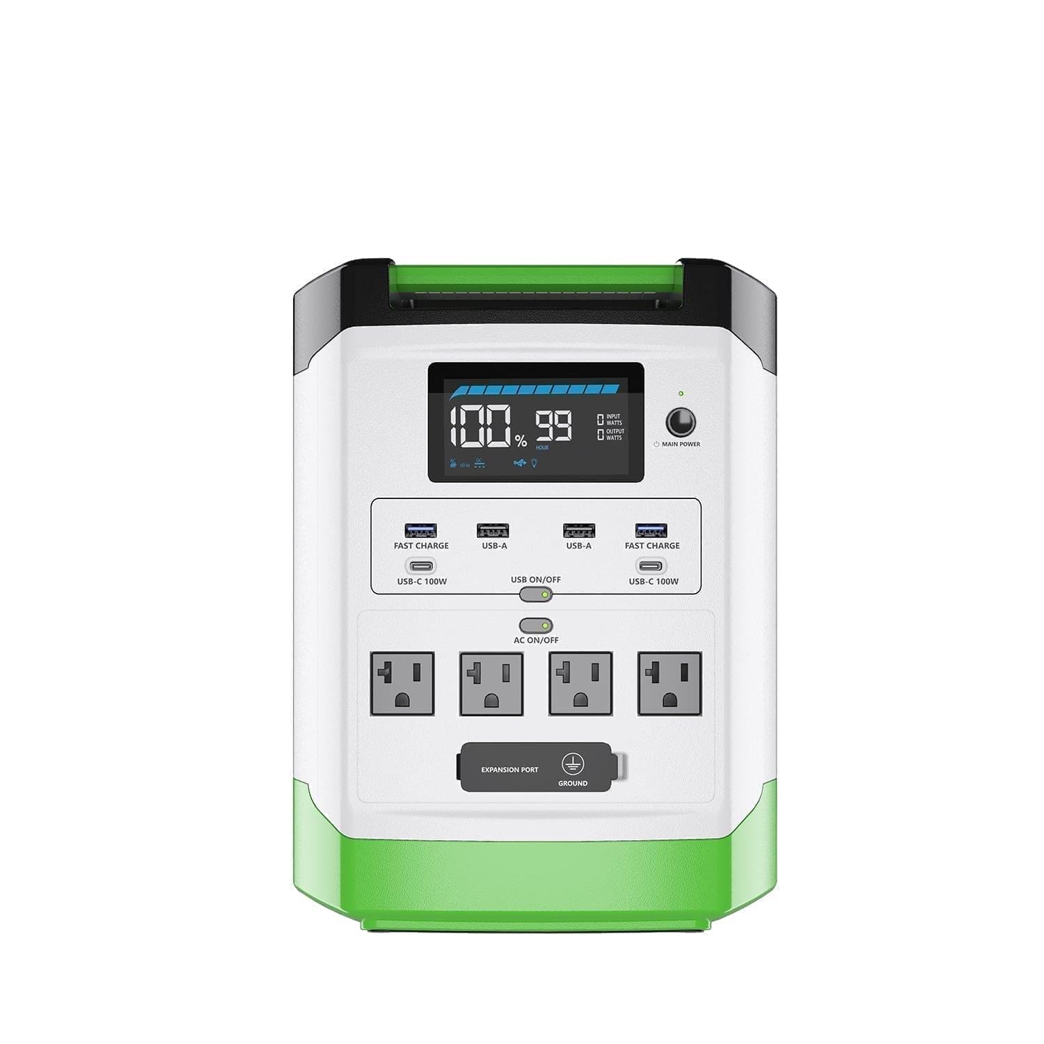 The Nature's Generator portable power station features a LiFePO4 battery, digital display with battery percentage and output info, multiple USB/USB-C ports, three AC outlets, and stylish green and black accents on a white body.