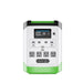 The Nature's Generator portable power station features a LiFePO4 battery, digital display with battery percentage and output info, multiple USB/USB-C ports, three AC outlets, and stylish green and black accents on a white body.