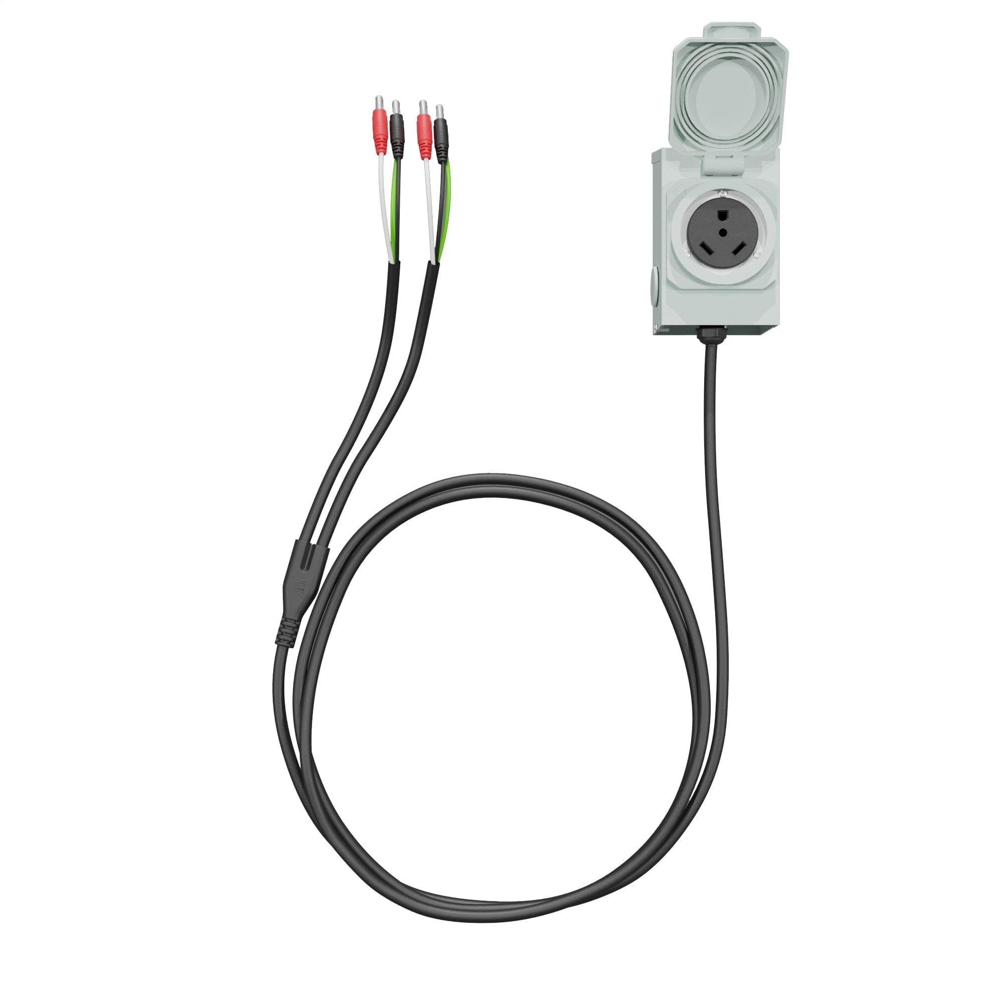A gray Nature's Generator power outlet box with an open hinged cover connects to a long black cable that splits into three wires, each ending in a red or black audio RCA plug—ideal for use with the Lithium 1800 or Combiner.