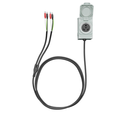 A gray Nature's Generator power outlet box with an open hinged cover connects to a long black cable that splits into three wires, each ending in a red or black audio RCA plug—ideal for use with the Lithium 1800 or Combiner.