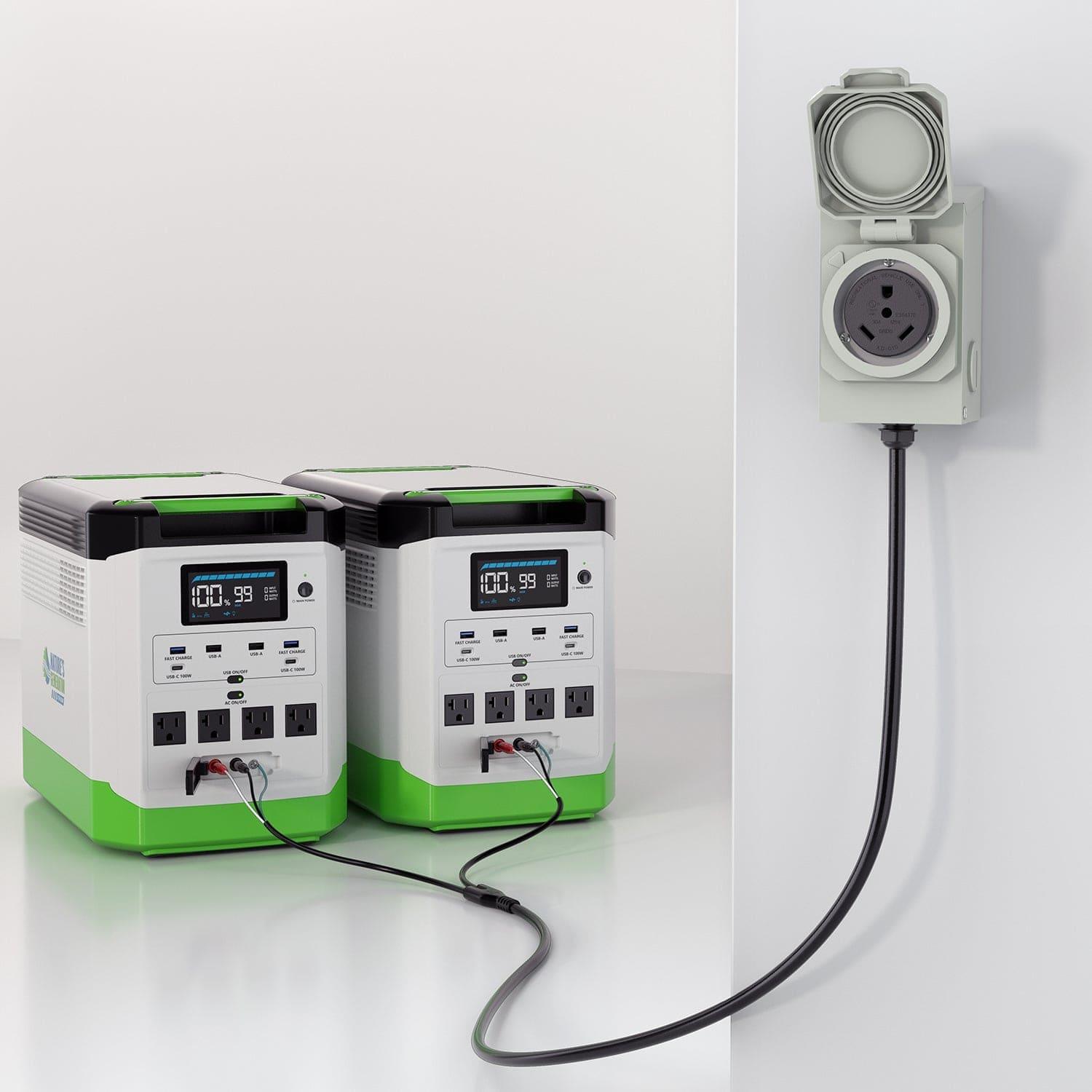 Two Nature's Generator portable power stations are linked together and to a wall outlet. Each unit has a digital screen, multiple front outlets, and high output capacity for powering various devices.