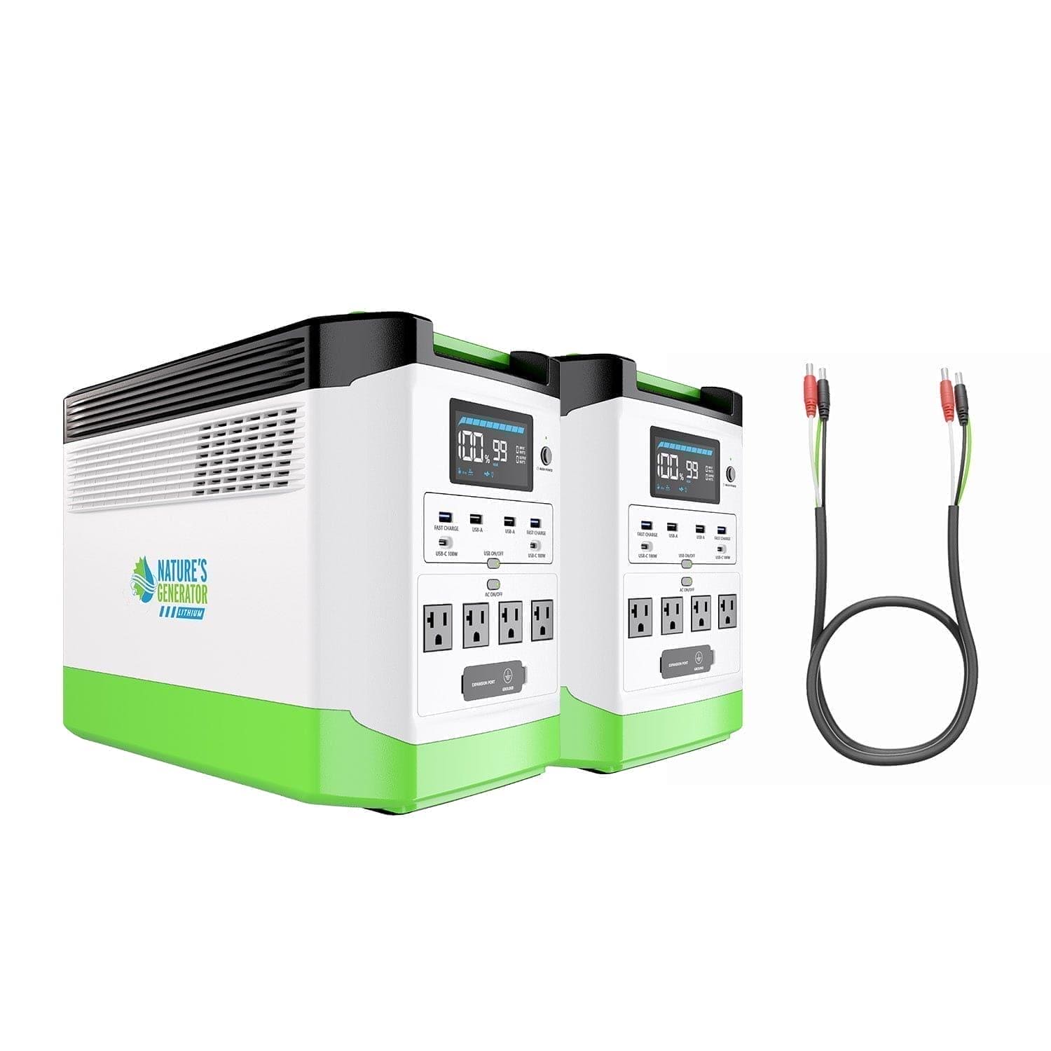 A pair of Nature's Generator white and green portable power stations with LiFePO4 batteries, digital displays, multiple outlets and ports, shown beside a cable with red and black connectors on a white background.