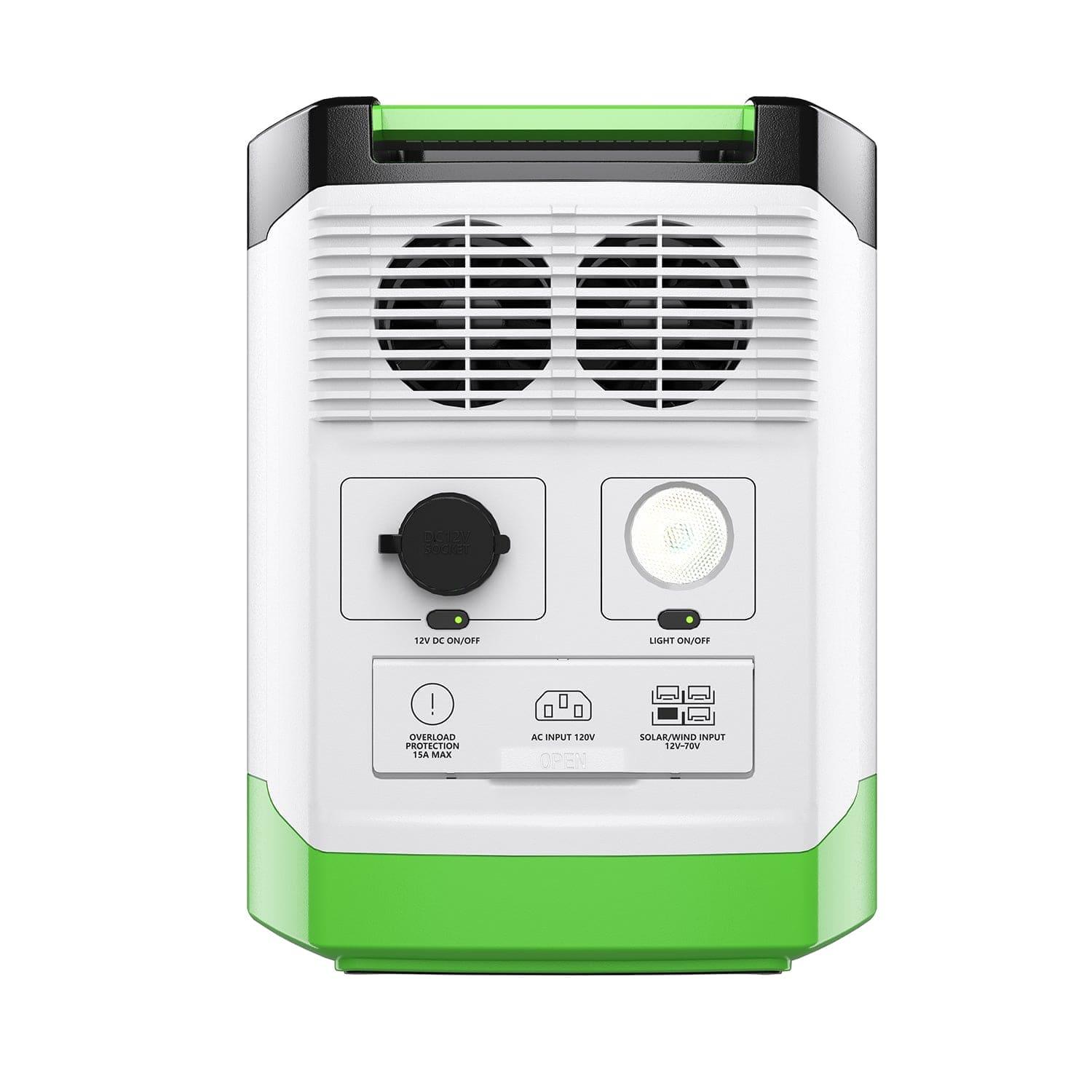 The Nature's Generator portable power station features a white and green design, LiFePO4 battery for home backup, ventilation grilles, a round 12V DC output port, circular light, and multiple labeled input/output slots on the front panel.