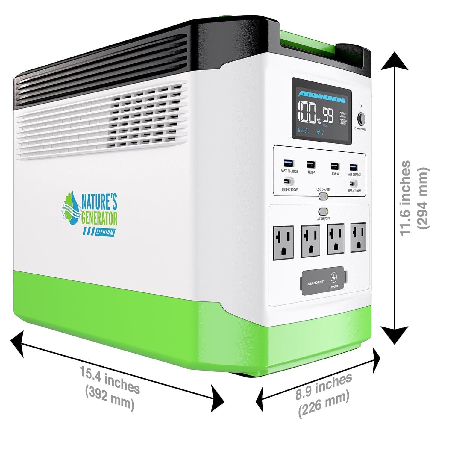 A Nature's Generator portable power station in white and green with a digital display, outlets, and USB ports is shown at an angle. Dimensions: 15.4 x 8.9 x 11.6 in (392 x 226 x 294 mm).