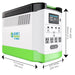 A Nature's Generator portable power station in white and green with a digital display, outlets, and USB ports is shown at an angle. Dimensions: 15.4 x 8.9 x 11.6 in (392 x 226 x 294 mm).