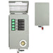 The Nature's Generator gray electrical transfer switch panel for home battery backup features four green switches (labeled 1–4), four black circuit breakers, a power inlet, and a separately shown removable metal cover to the right.