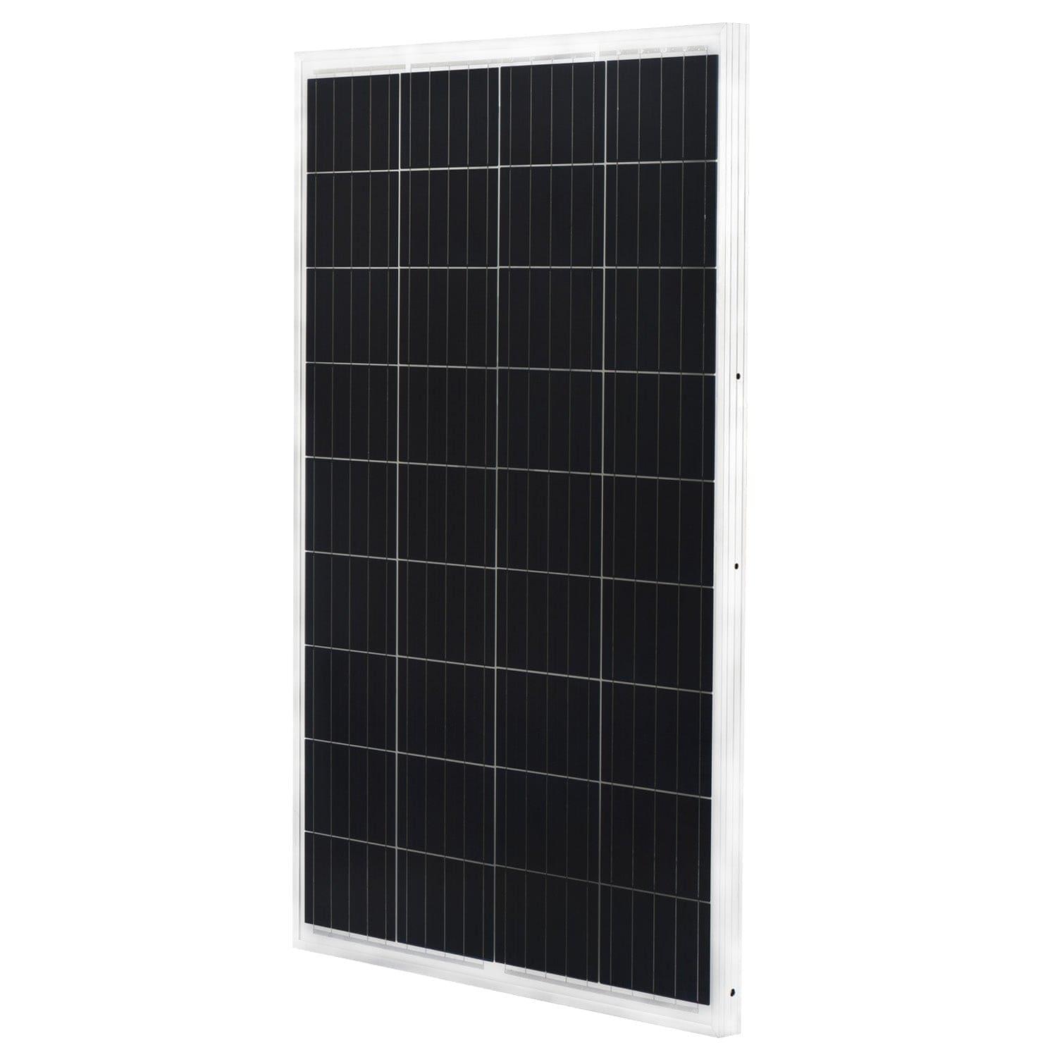 A Nature's Generator rectangular solar panel with a grid of dark photovoltaic cells and a white frame stands upright at a slight angle on a plain white background—ideal for use with portable power stations or home battery backups.