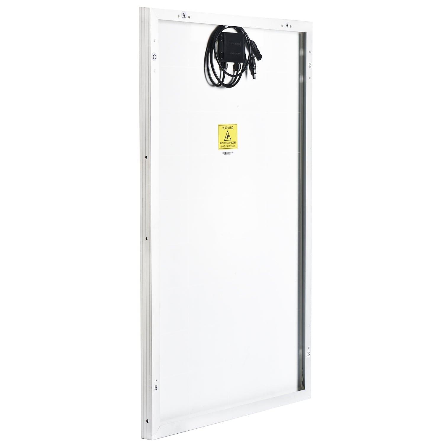 The image shows the back side of a Nature's Generator solar panel with a metal frame, top center junction box, and coiled cables above a caution label—perfect for LiFePO4 batteries or portable power stations for home backup.