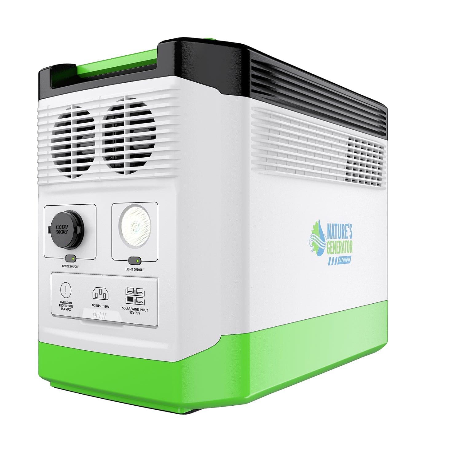 A portable power station by Nature's Generator featuring a white and green casing, LiFePO4 battery, ventilation grilles, control buttons, input/output ports, a display panel, and the Nature’s Generator logo on the side.