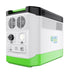 A portable power station by Nature's Generator featuring a white and green casing, LiFePO4 battery, ventilation grilles, control buttons, input/output ports, a display panel, and the Nature’s Generator logo on the side.