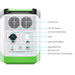 Back view of Nature's Generator portable power station with LiFePO4 battery, showing labeled features: cooling fan, 12V DC socket, DC on/off button, light controls, solar/wind port, AC input port, and UPS overload circuit breaker.