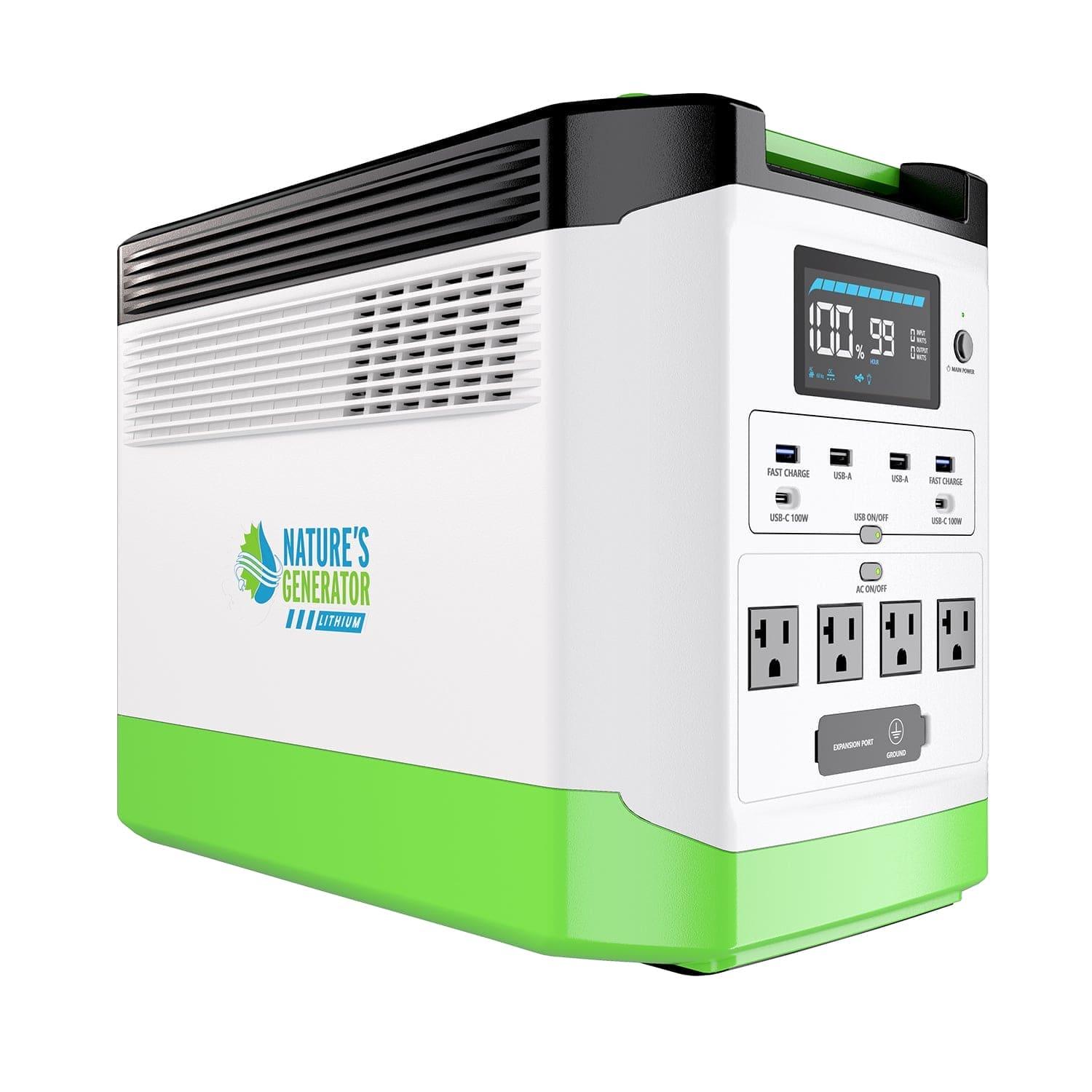 The Nature's Generator portable power station features a white and green design, LiFePO4 battery, multiple outlets, USB ports, a display screen for battery info, and is perfect for home backup.